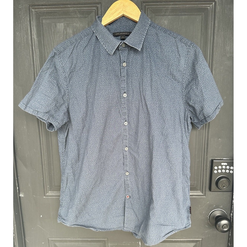 John Varvatos‎ Star USA Shirt Mens Size M Short Sleeve Blue Tiny Line Pattern